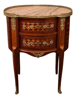 Louis XV Style Kidney-Shaped Commode in Marquetry with Pink Marble Top and Bronze Details