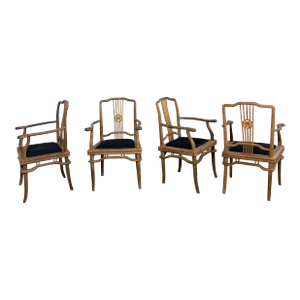 Late 20th Century Ming Style Indonesian Dining Armed Chairs Natural Teak & Upholstered Drop in Seats Set of 4