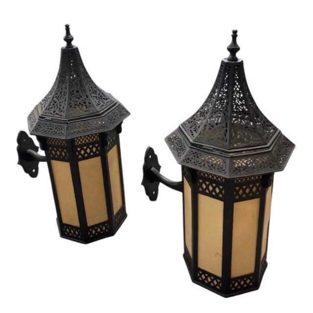 Vintage Moroccan-Style Wrought Metal and Glass Wall Lanterns - a Pair For Sale - Image 4 of 12