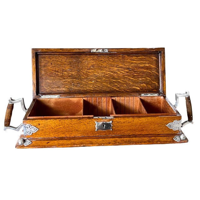 English Early 20th C. English Oak & Silver-Plated Desk Box – Handmade, Tea Presentation / Divided Cutlery / Stationery Chest For Sale - Image 3 of 16