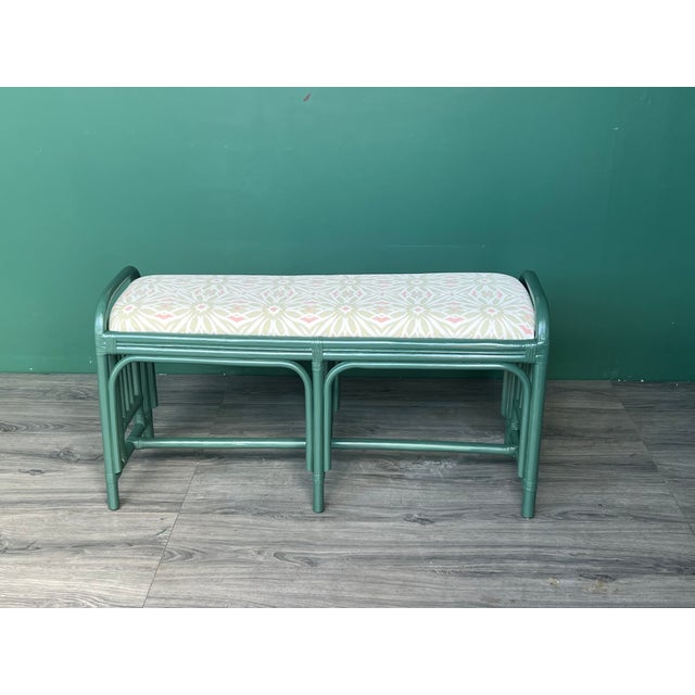 Wood 1970s Palm Beach Style Green Lacquered Bench With Floral Upholstery For Sale - Image 7 of 10