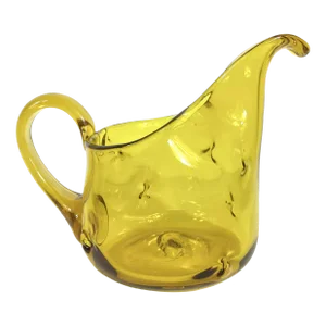 Mid Century Modern Amber Art Glass Pitcher With Pinched Hand Blown Glass and a Large Lip