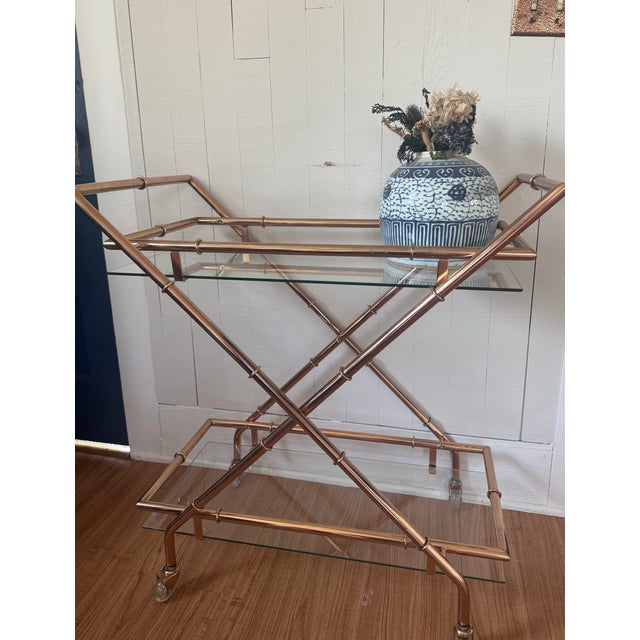 Gold 1970s Hollywood Regency Faux Bamboo Bar Cart For Sale - Image 8 of 11