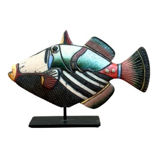 Vintage Hand Painted Ceramic Fish Sculpture on Stand For Sale
