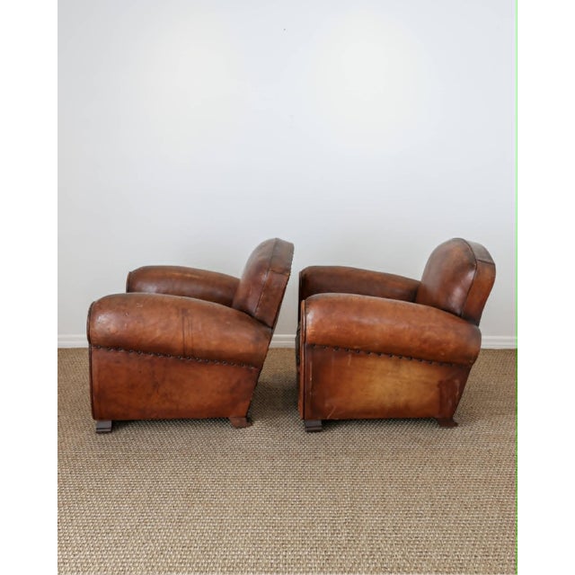 1920s Pair of Antique French Leather Club Chairs - Circa 1920s For Sale - Image 5 of 16