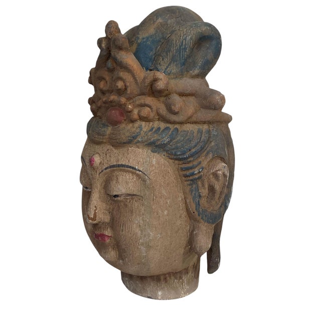 Asian Vintage Asian Carved Wood Guanyin Head 9" H For Sale - Image 3 of 7