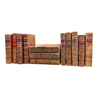 Set of 12 17th 18th & 19th Century Old French Leather Bound Book Collection For Sale
