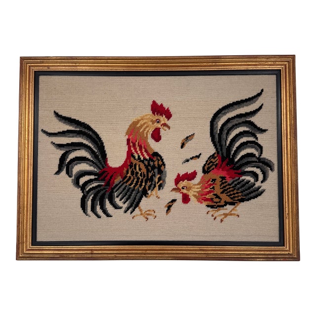 Vintage Roosters Needlepoint Traditional Americana Art For Sale
