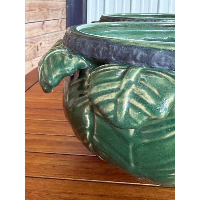 Ceramic Pair of Early 20th Century Green Glazed Sculptural Leaf Motif Garden Planters For Sale - Image 7 of 12