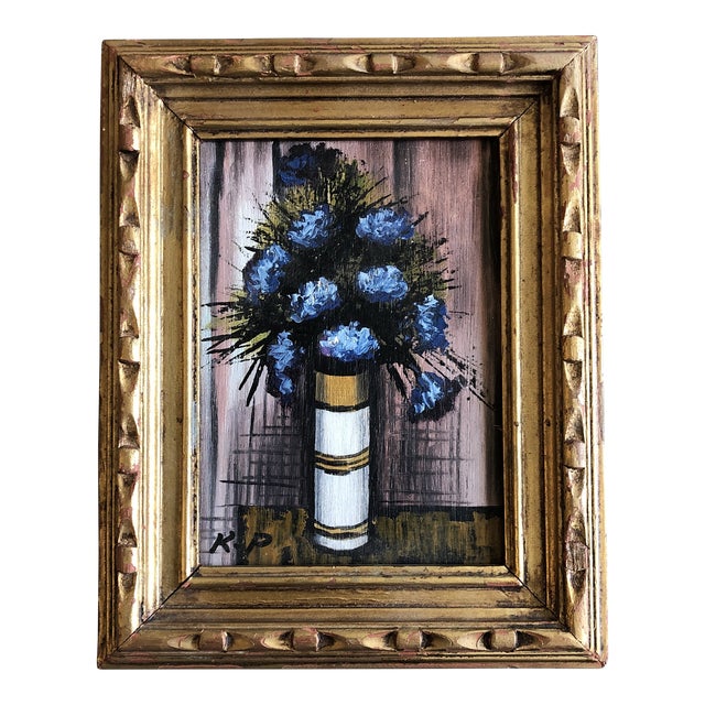 1960’s Mid Century Modern Bernard Buffet Style Abstract Floral Still Life Small Painting For Sale