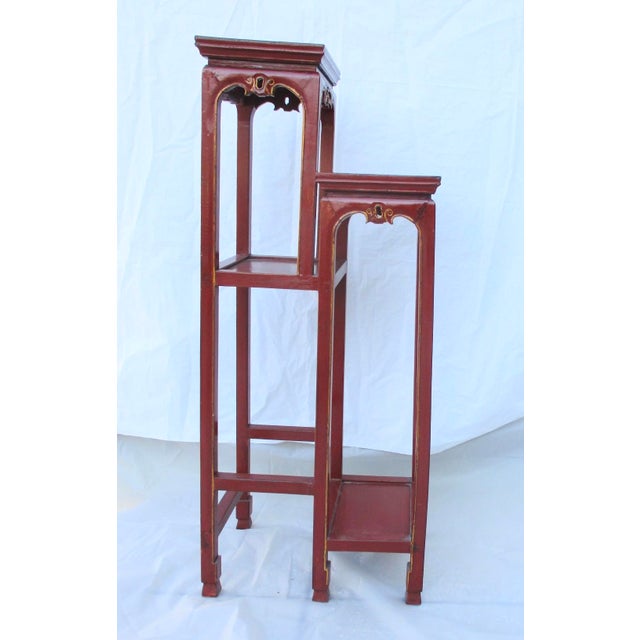 Chinese Red Lacquer Tall Plant Tables - A Pair of 2 For Sale - Image 12 of 17
