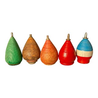 Vintage Japanese Hand-Painted Wooden Spinning Tops With Metal Tips - Set of 5 For Sale