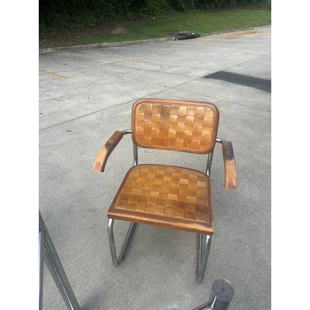 Metal Vintage Chrome and Woven Leather Dining Set With Geometric Glass Top For Sale - Image 7 of 9