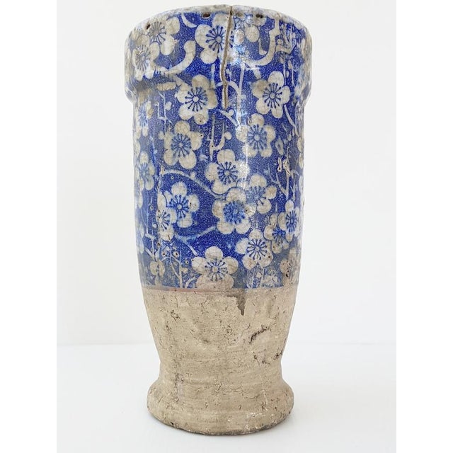 Terracotta Ceramic Vase with Blue and White Flowers For Sale - Image 5 of 11
