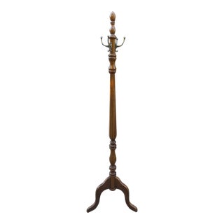 Vintage MCM Tall Wooden Coat Rack With Brass Hooks For Sale