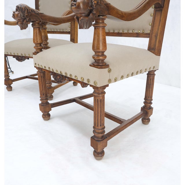 Pair Antique Heavily Carved Walnut Cherub North Wind Faces Arm Chairs New Uphols For Sale - Image 15 of 18