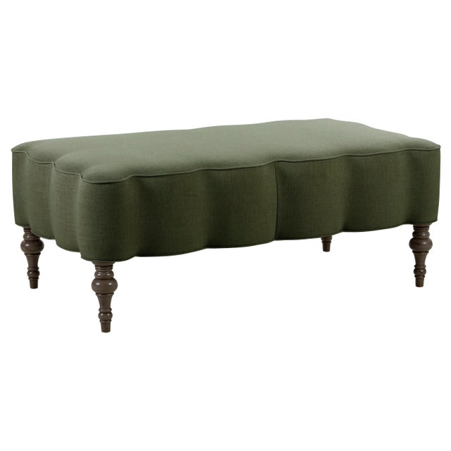 Mirasol Scalloped Ottoman, Moss Linen For Sale - Image 6 of 6