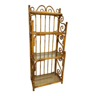 Mid 20th Century Vintage 4 Tier Chinoiserie Hollywood Regency Etagere or Bakers Rack With Glass Shelves For Sale