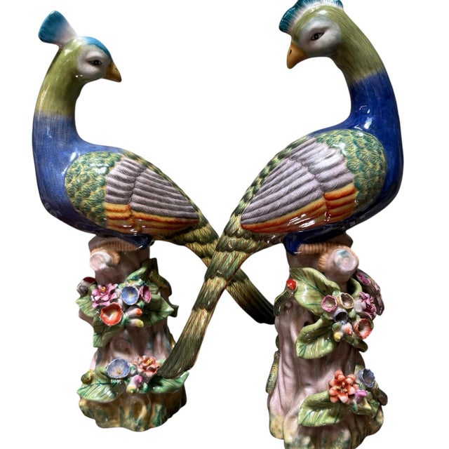 Pair Peacock Bird Figurines Table Sculptures - Hand Painting Chinese Porcelain Book Matching Set - Chelsea House Mottahedeh Style For Sale - Image 9 of 12