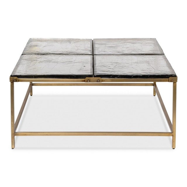 Contemporary Modern Square Cocktail Table in Aged Brass and Cast Glass For Sale - Image 3 of 12