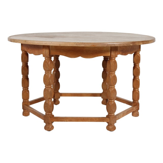 Brutalist Round Oak Coffee Table in the Style of Henning Kjærnulf and Axel Einar Hjorth, Denmark, 1970s For Sale