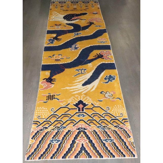 Early 20th Century Yellow Tibetan Vintage Dragon Pillar Runner - 4'5" x 17' For Sale - Image 5 of 14