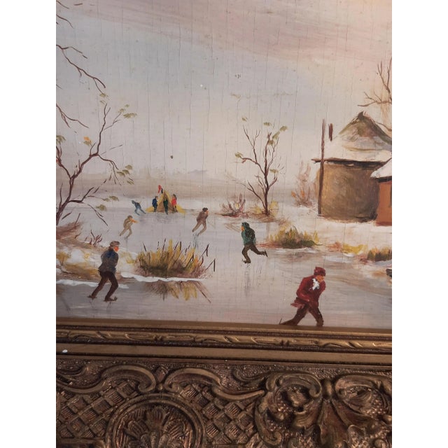 Traditional Winter Snow Scene Oil on Board Ice Skaters For Sale - Image 3 of 7