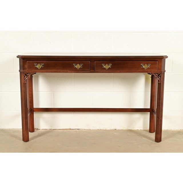 English Chippendale Carved Banded Mahogany Console Table by Craftique For Sale - Image 3 of 16