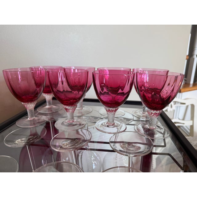 Mid-Century Modern 1950s Set of 8 Borgfeldt Lisa Cranberry Optic Wine Glasses For Sale - Image 3 of 7