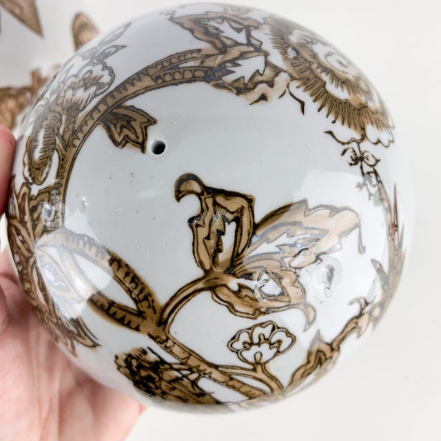 Ceramic Large Vintage Chinoiserie Porcelain Carpet Balls Brown White Floral Birds Fruit For Sale - Image 7 of 8