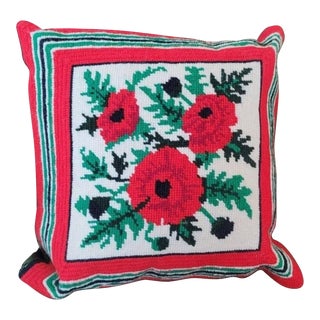 Vintage Poppy Needlepoint Throw Pillow For Sale