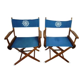 Vintage Solid Mahogany Nautical Collapsible Captain's Director's Chairs With Ship Helm - a Pair For Sale