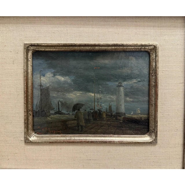 Meyer Wiegand Rolf Dieter, North Sea Harbor Pier with Lighthouse in the Rain, 1970, Oil on Canvas For Sale - Image 3 of 13