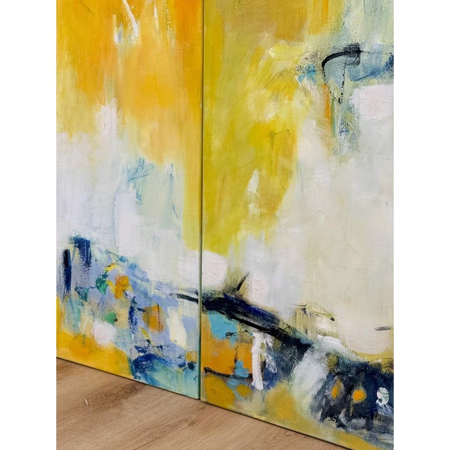 Set of 3 Modern Abstract Paintings Yellow Green Blue Wall Art Acrylic on Canvas For Sale - Image 13 of 16