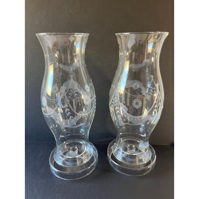 Etched Clear Glass Candle Hurricanes a Pair For Sale - Image 4 of 9
