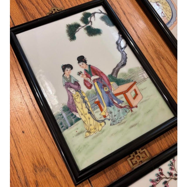 1960s Vintage Chinese Famille Rose Hand Painted and Framed Porcelain Tiles Set of 4 For Sale - Image 5 of 12