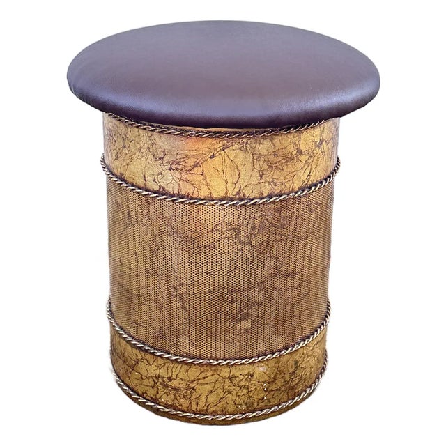 1960s Mid-Century Italian Gilded Metal Storage Ottoman / Vanity Stool - Newly Upholstered For Sale