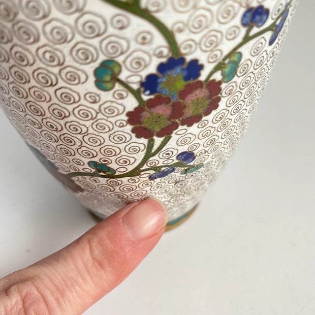 White Cloisonné Vase Asian Chinoiserie Style White Cherry Blossom Floral 6" Tall For Sale - Image 8 of 12