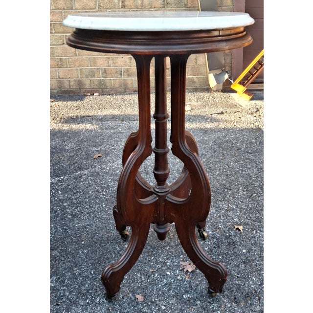 Late 19th Century Late 19th Century Eastlake Style Walnut and Marble Tip Oval Rolling Side Table For Sale - Image 5 of 8