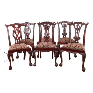Set of Six Chippendale Style Mahogany Dining Chairs, Carved Splat Backs, Ball-and-Claw Feet For Sale