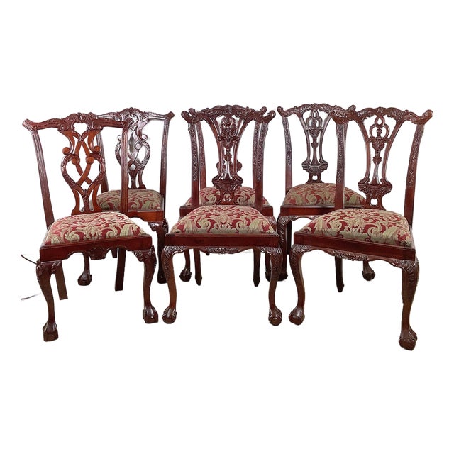 Set of Six Chippendale Style Mahogany Dining Chairs, Carved Splat Backs, Ball-and-Claw Feet For Sale