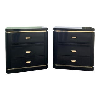Vintage Modern Black + Gold Nightstands With Stowaway Pull-Out Tray For Sale