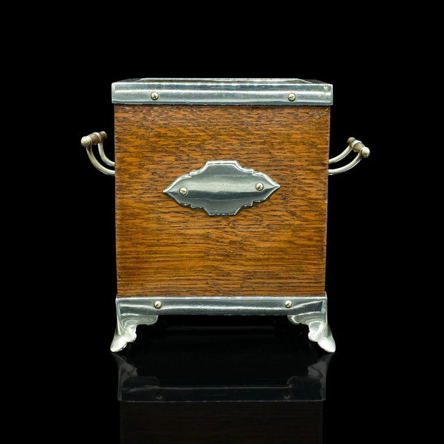 English 1910s Edwardian Antique English Desk Tidy, Oak, Silver Plate, Decorative Box For Sale - Image 3 of 10