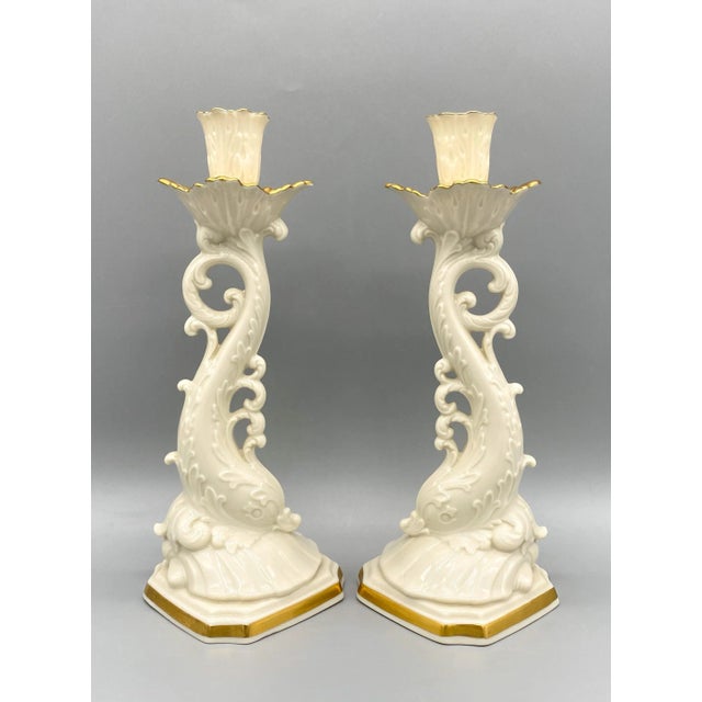 20th C. Lenox Cream & Gold Dolphin Candlesticks – A Pair – Coastal Glam For Sale - Image 13 of 13