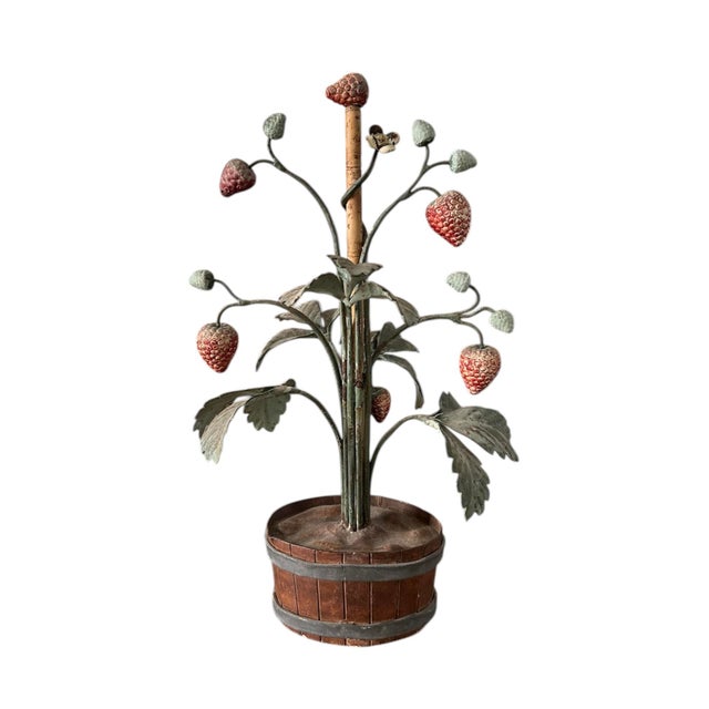 Vintage Italian Tole Peinte Potted Strawberry Plant Sculpture / Toleware Floral / Flower Arrangement, Made in Italy, a Pair For Sale In Dallas - Image 6 of 12