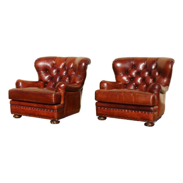 Pair of 1990s Henredon Churchill Tufted Distressed Brown Leather Club Chairs For Sale