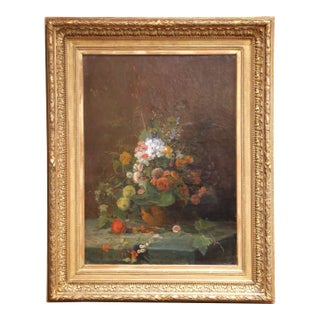 19th Century French Floral Still Life Oil on Canvas in Carved Giltwood Frame For Sale