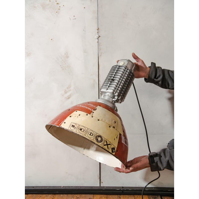 1980s zumtobel staff industrial pendant lamp, designed by charles keller design. With a fairtrade repurposed lampshade...