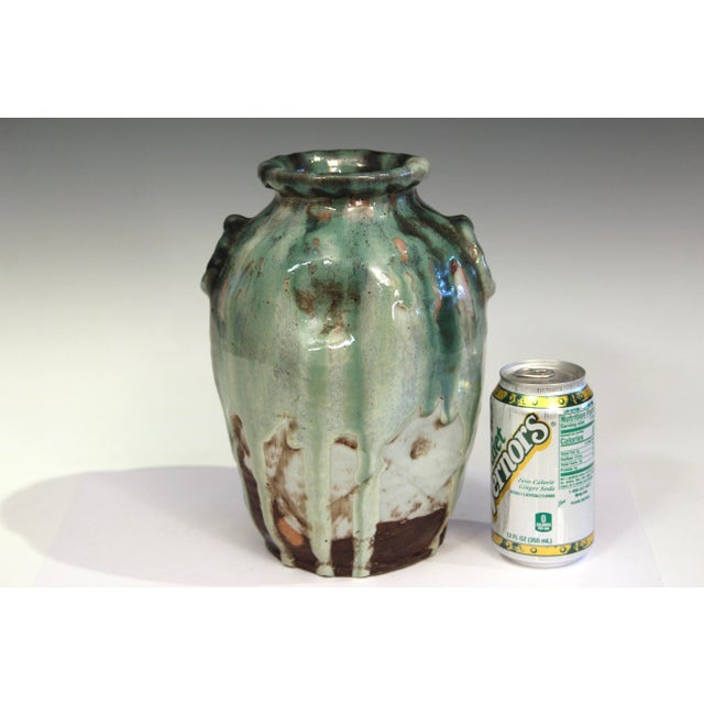 1930s Awaji Pottery Manipulated Drip Glaze Ring Handled Vase For Sale - Image 10 of 10