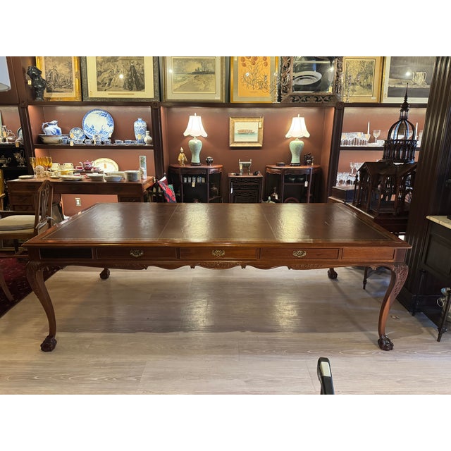 Vintage Chippendale Mahogany Conference Table, Leather Top For Sale - Image 4 of 4
